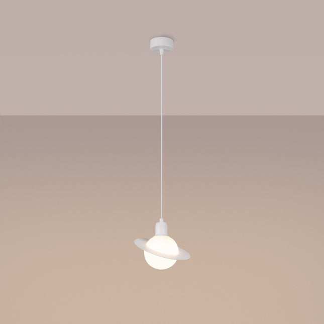 Suspension Saturne 1 Blanche, lumière allumée