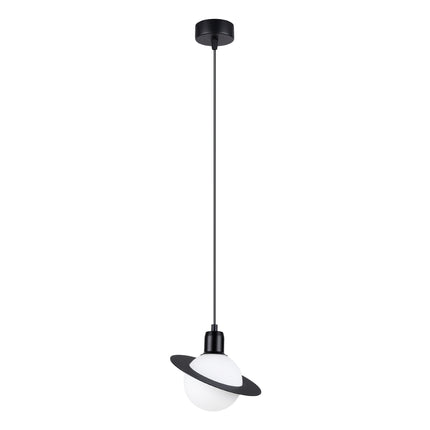 Suspension Saturne 1 Noire, globe opale et anneau noir, éteinte