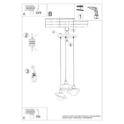 Instructions de montage de la suspension Saturne 3 lumières noire, pour une installation au plafond.
