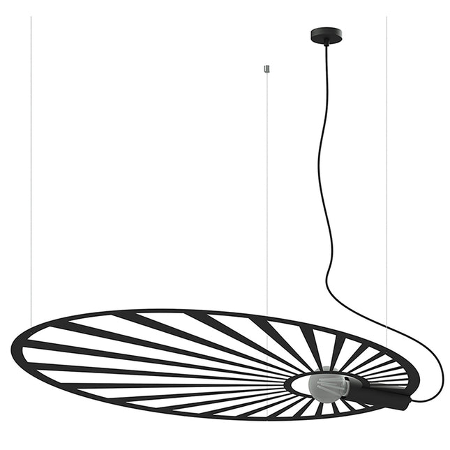 Suspension Soleil Lumineux noire en acier découpé sur fond blanc