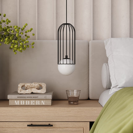 Suspension Sphère en Cage noir en situation dans un couloir au décor minimaliste