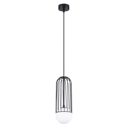 Suspension Sphère en Cage 1 lampe noir, cage en acier ajourée et globe en verre opalin, vue de face