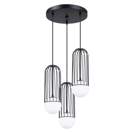 Suspension Sphère en Cage 3 lampes groupée noir, trois cages en acier à hauteurs échelonnées