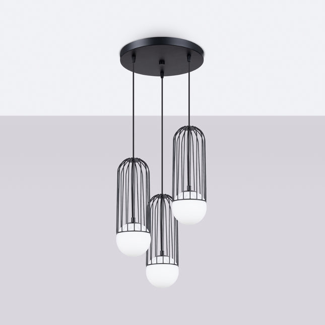 Vue de profil de la suspension Sphère en Cage 3 lampes groupée noir