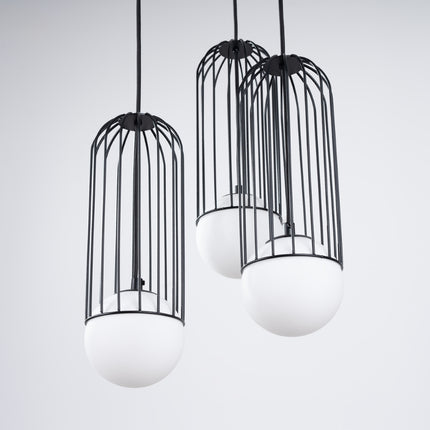 Vue du dessus de la rosace et des trois cages de la suspension Sphère en Cage groupée noir