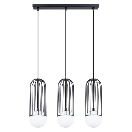 Suspension Sphère en Cage 3 lampes linéaire noir, trois cages en acier alignées sur une barre