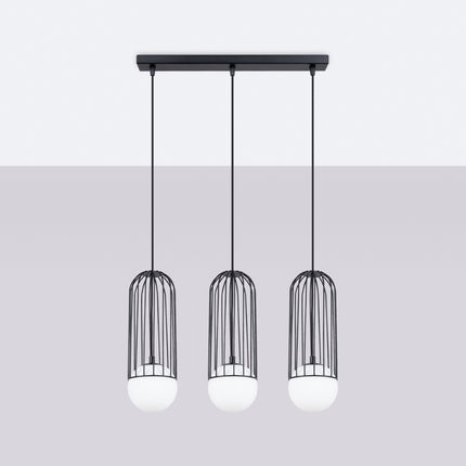 Vue de profil de la suspension Sphère en Cage 3 lampes linéaire noir