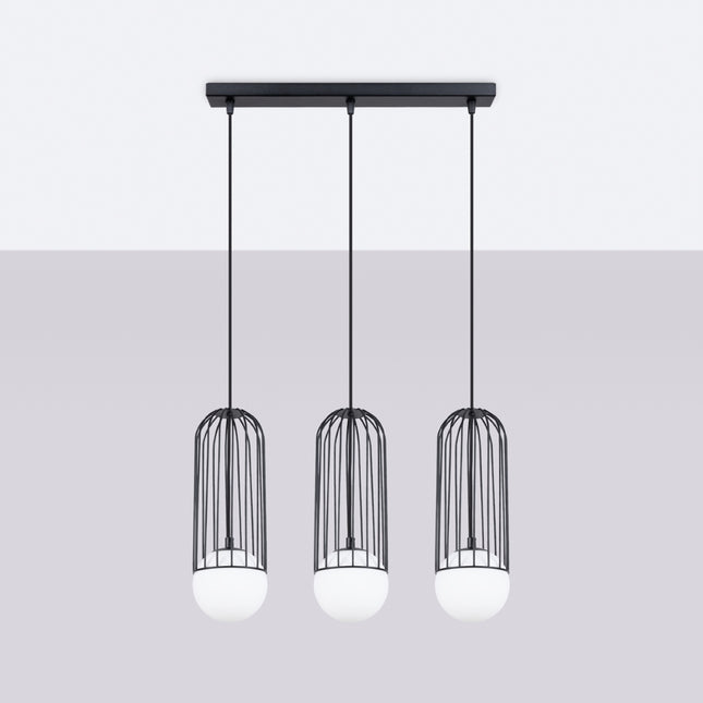 Vue de profil de la suspension Sphère en Cage 3 lampes linéaire noir
