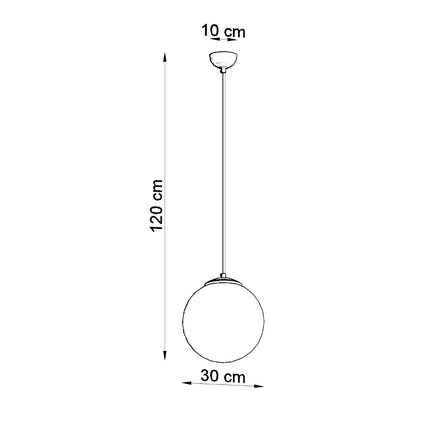 Schéma de cotes de la suspension sphère opaline 30 cm : globe 30 cm, hauteur 120 cm, rosace 10 cm