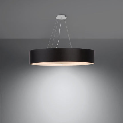 Suspension tambour Cercle Plein 80 cm en tissu noir avec platine blanche, allumée