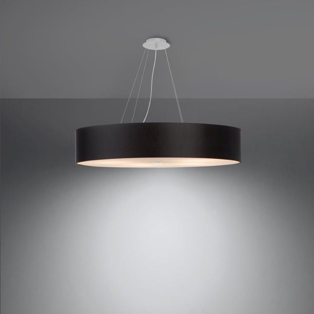 Suspension tambour Cercle Plein 80 cm en tissu noir avec platine blanche, allumée