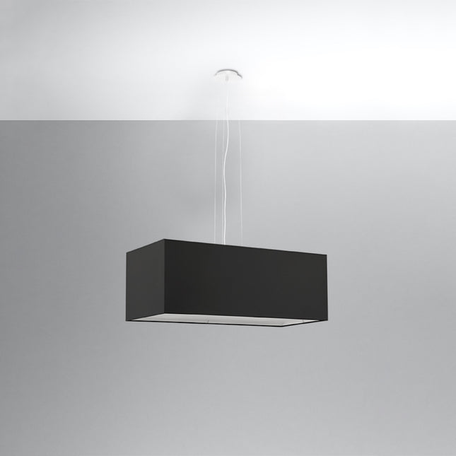 Suspension en tissu noir rectangulaire vue de face, câbles fins et platine blanche