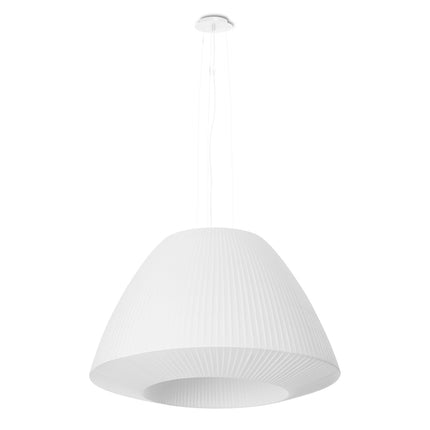 Suspension cloche en tissu plissé blanc de 60 cm, vue de face sur fond blanc avec câbles de suspension.