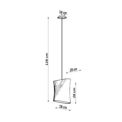 Schéma coté de la suspension une lampe : abat-jour 28 x 28 cm, hauteur 128 cm, rosace 14 cm