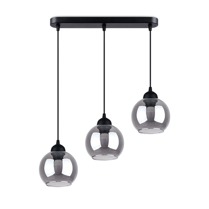 Suspension triple Cloche en verre fumé noir, trois globes sur rosace oblongue en acier noir