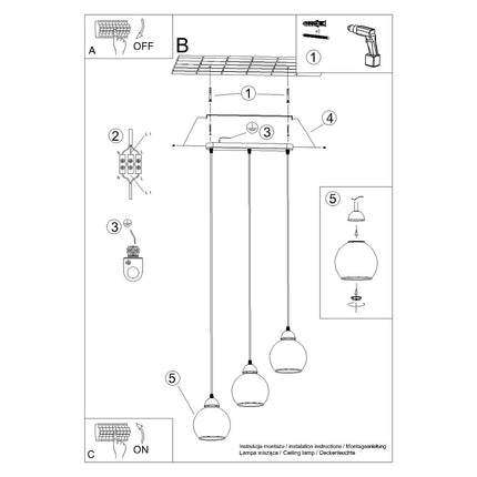 Fiche technique et informations d'installation de la suspension triple Cloche en verre fumé noir