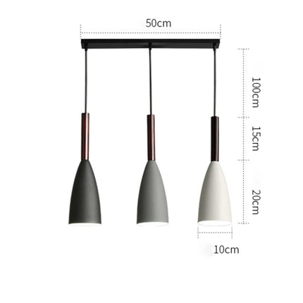 Schéma de cotes de la suspension triple, rampe 50 cm, câble 100 cm, tige 15 cm, abat-jour 20 cm, diamètre 10 cm