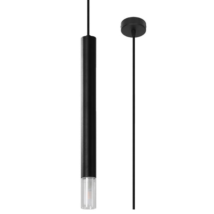 Suspension tube en acier noir mat avec diffuseur en verre, packshot sur fond blanc avec platine de plafond