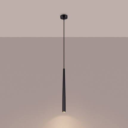 suspension tube conique effilé noir 44 cm, lumière allumée