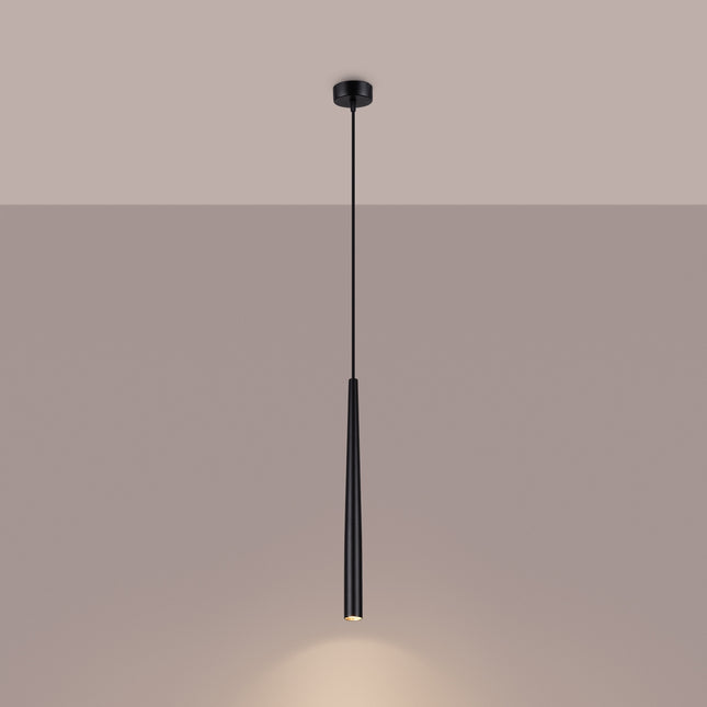 suspension tube conique effilé noir 44 cm, lumière allumée