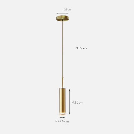 Schéma des dimensions de la suspension tube doré 1 tête, rosace 10 cm et tube 27 cm