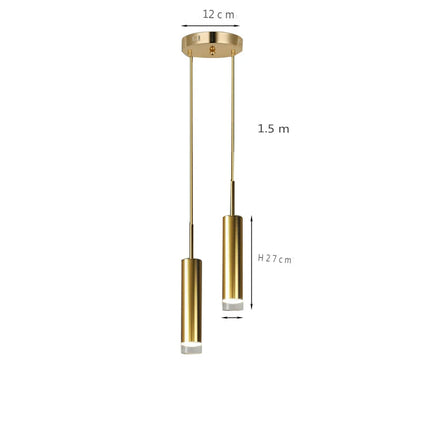 Schéma des dimensions de la suspension tube doré 2 têtes, rosace 12 cm et tubes 27 cm