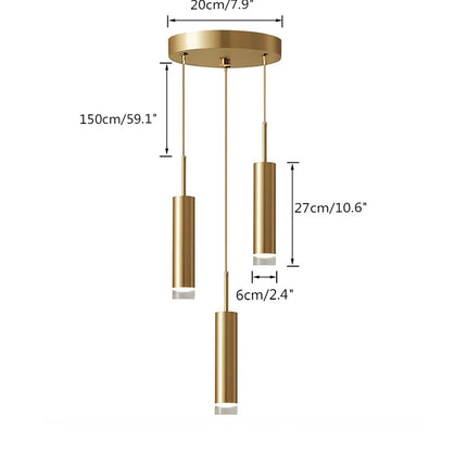 Schéma des dimensions de la suspension tube doré 3 têtes, rosace 20 cm et câble 150 cm