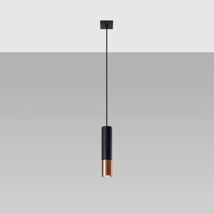 Suspension tube Duo Metallic en acier noir mat et cuivre, une lumière, sur fond gris