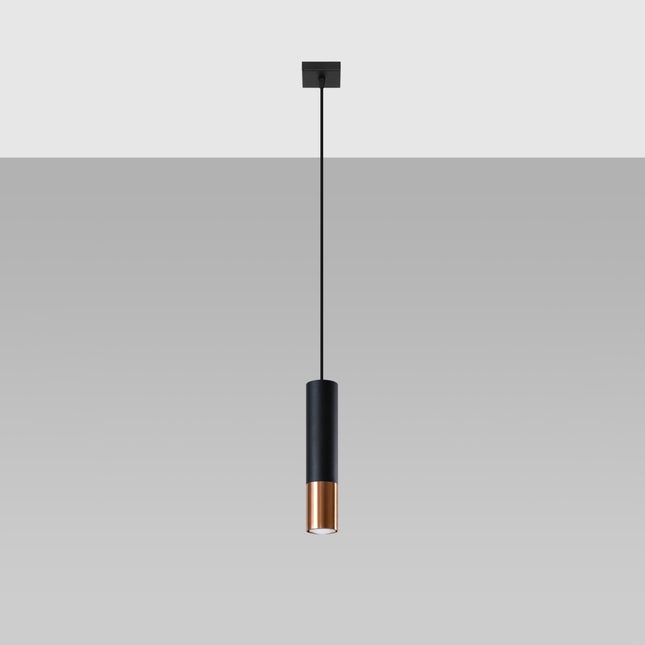 Suspension tube Duo Metallic en acier noir mat et cuivre, une lumière, sur fond gris