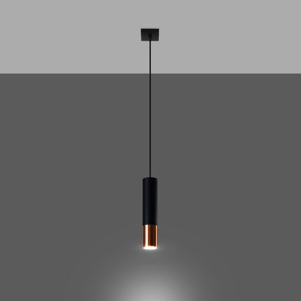 Suspension tube acier noir et cuivre vue de face avec sa platine de plafond noire