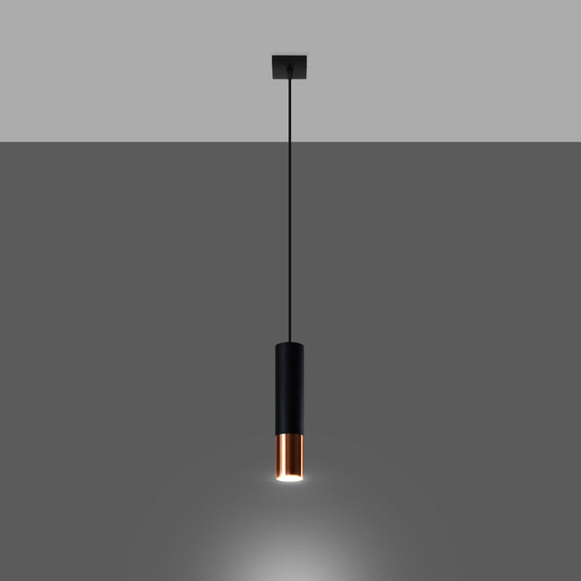 Suspension tube acier noir et cuivre vue de face avec sa platine de plafond noire