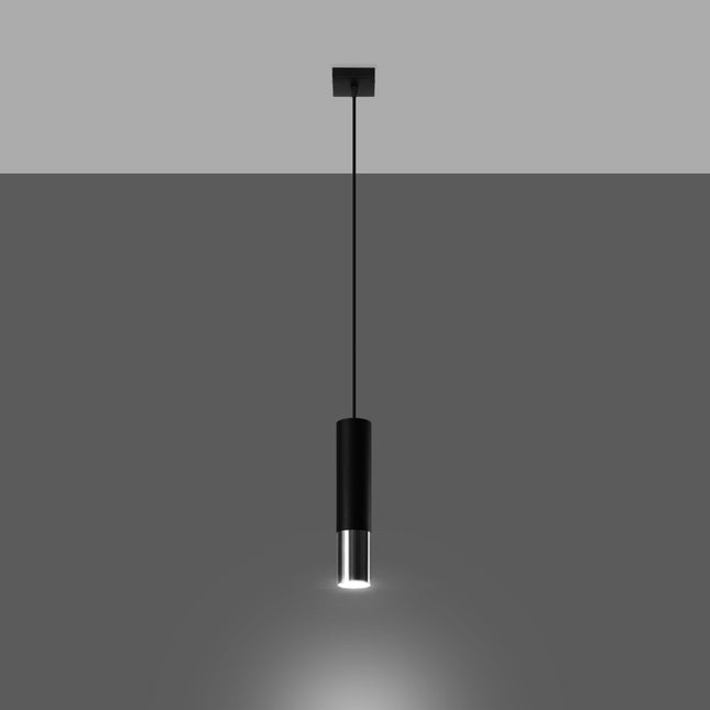 Suspension tube Duo Metallic noir et chrome allumee diffusant un faisceau vers le bas