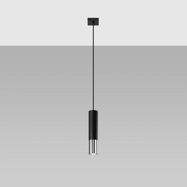 Suspension tube Duo Metallic en acier noir mat et chrome suspendue sur fond gris