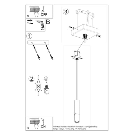 Notice d'installation au plafond de la suspension tube Duo Metallic noir et cuivre