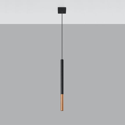 Suspension Mozaica noir et cuivre avec son cache-plafond carre, luminaire design