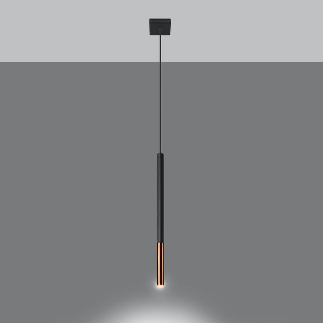 Suspension tube fin Mozaica noir mat a pointe cuivre vue de face, luminaire minimaliste