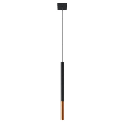 Suspension tube fin Mozaica en acier noir mat a pointe cuivre, allumee sur fond gris