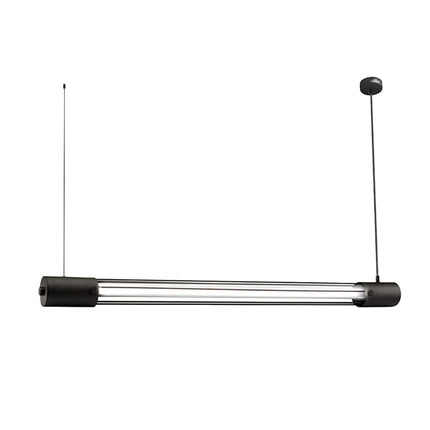 Suspension tube lumineux noir sur câbles, tube de verre et embouts noirs, packshot sur fond blanc