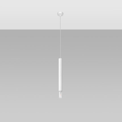 Detail du tube blanc et du diffuseur en verre clair de la suspension avec sa canopee