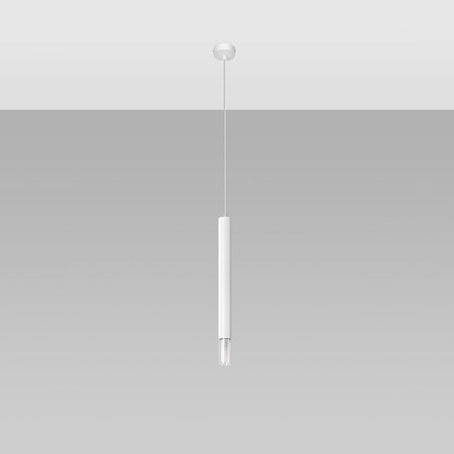 Detail du tube blanc et du diffuseur en verre clair de la suspension avec sa canopee
