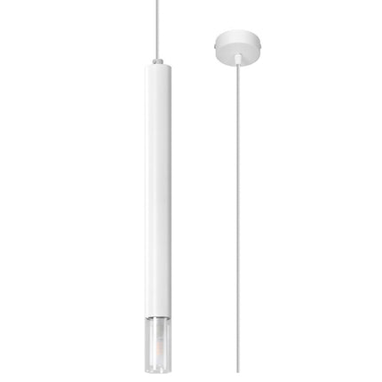 Suspension tube en acier laqué blanc et verre clair suspendue sur fond gris