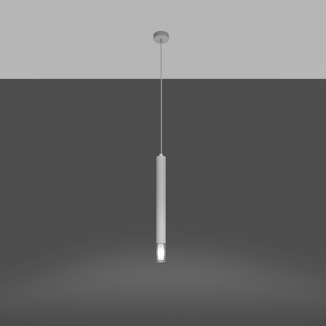 Suspension tube blanche vue en descente depuis le plafond sur fond bicolore gris