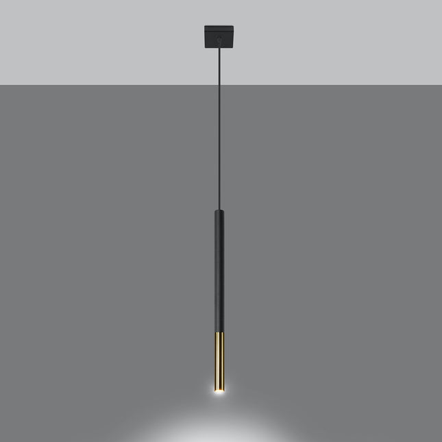 Suspension tube Mozaica noir et doré allumée diffusant un faisceau chaud vers le bas