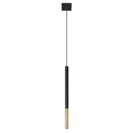 Suspension tube Mozaica en acier noir et doré présentée sur fond sombre