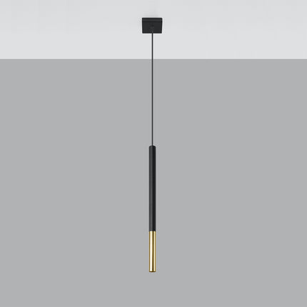 Suspension tube Mozaica en acier noir mat et pointe dorée, éteinte sur fond clair