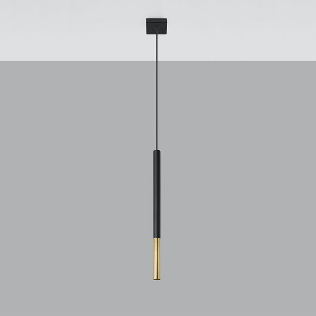 Suspension tube Mozaica en acier noir mat et pointe dorée, éteinte sur fond clair