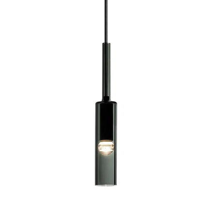 Suspension tube en verre fumé noir suspendue seule, câble noir, sur fond blanc