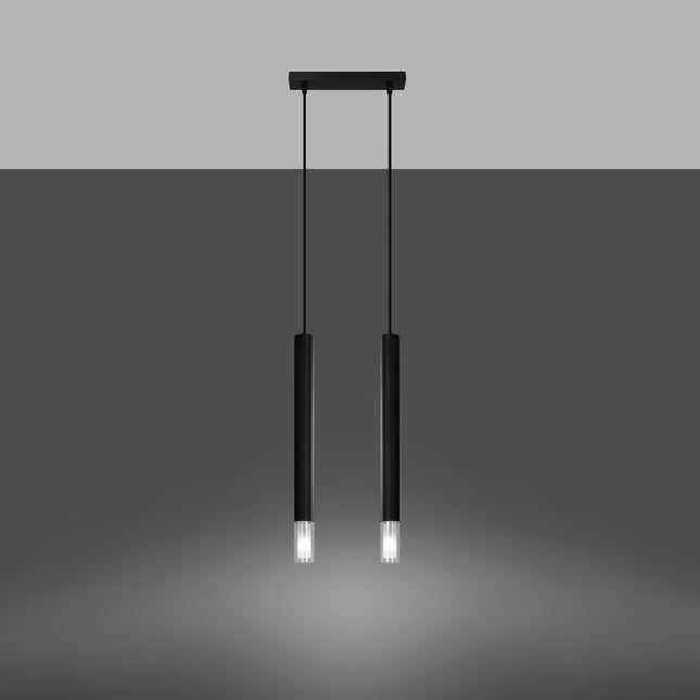Suspension tubulaire noire Ligne Claire allumée, double faisceau lumineux vers le bas