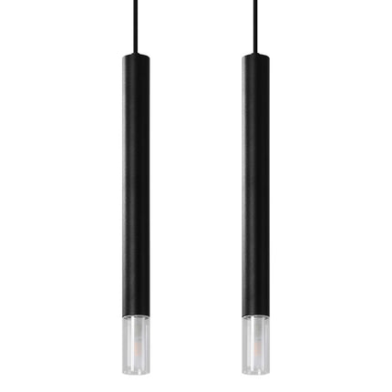 Détail des deux tubes noirs de la suspension Ligne Claire et de leur diffuseur en verre transparent