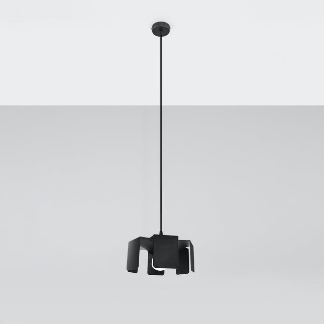 Suspension Tulipe noire en métal suspendue à son câble sur fond gris, abat-jour en forme de fleur.